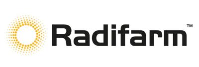 Logotipo de Radifarm con símbolo circular naranja y texto negro