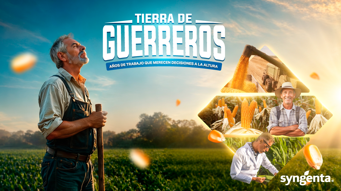 Gráfico “Tierra de Guerreros”: agricultor en campo y científicos en recuadros, al atardecer.