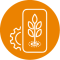 Icono blanco de planta en móvil y engranaje sobre fondo naranja