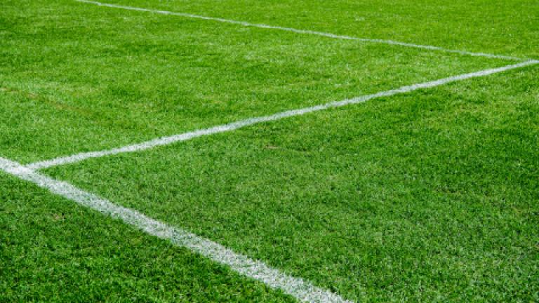 Césped verde de un campo deportivo con líneas blancas en esquina