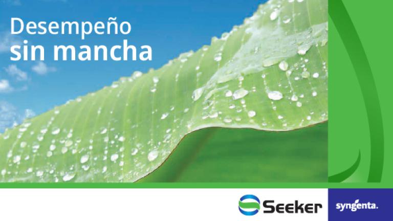 Gráfico con hoja verde y gotas de agua, texto “Desempeño sin mancha” y logos Seeker y symfanta.