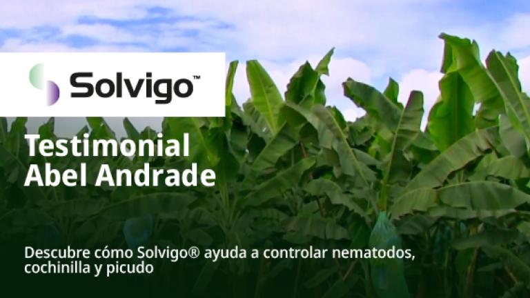 Anuncio de Solvigo con hojas verdes y texto “Testimonio Abel Andrade”