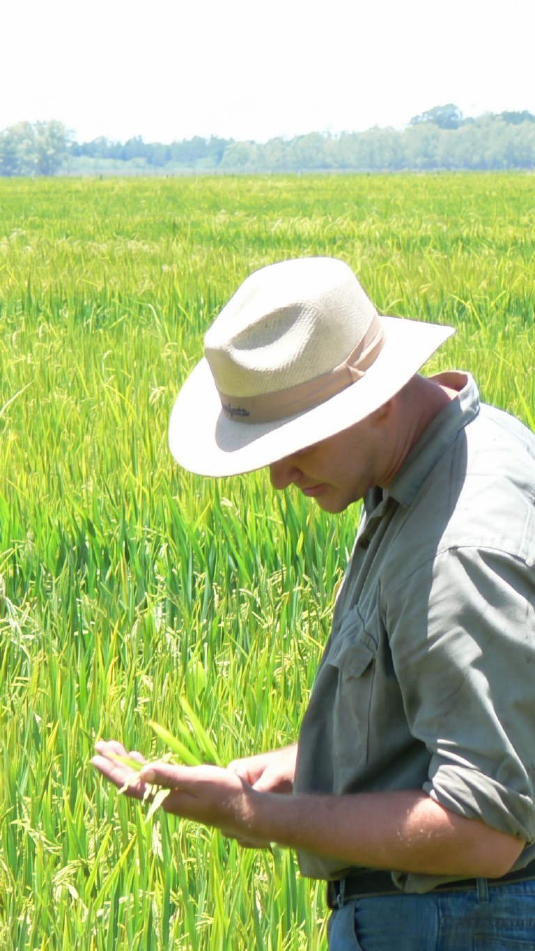 Hombre con sombrero mirando su mano en un campo verde de cultivo, de día.