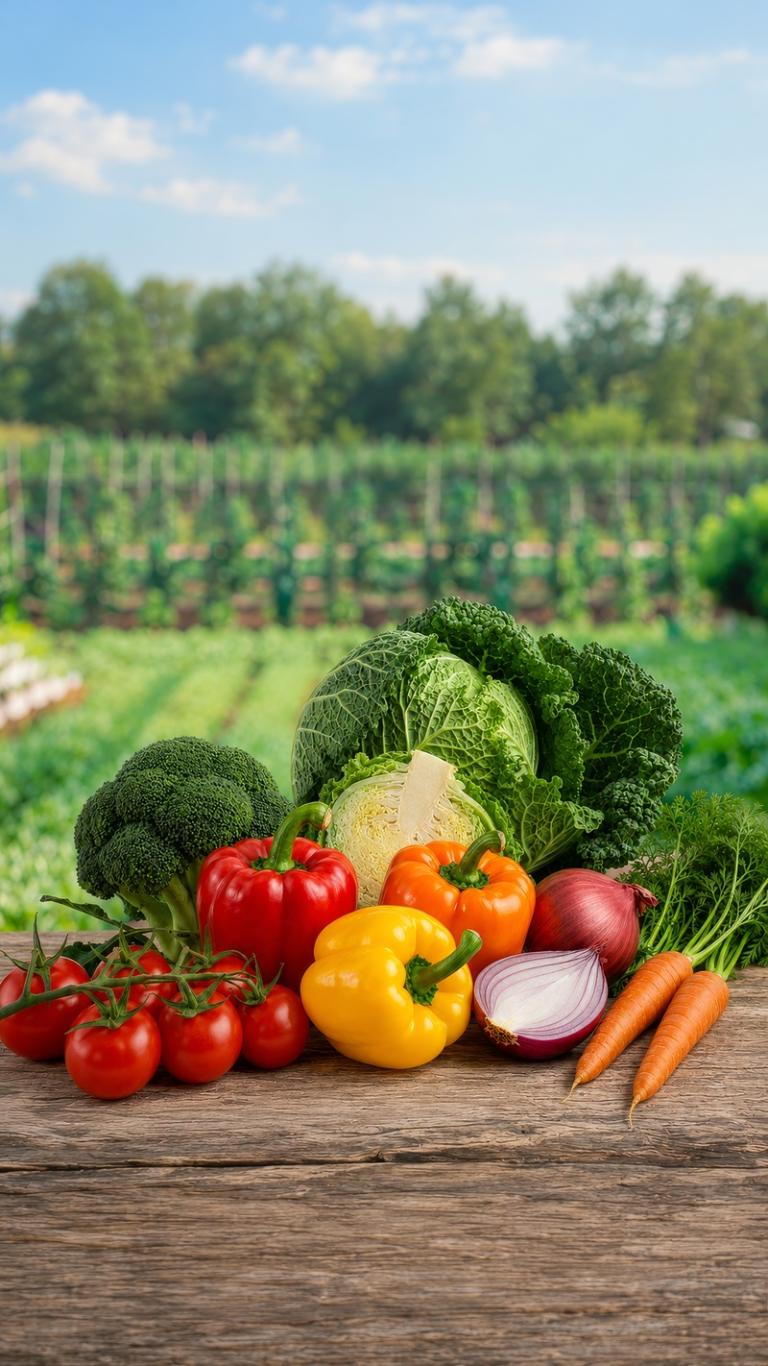Verduras frescas sobre mesa rústica; huerto verde al fondo bajo cielo azul.